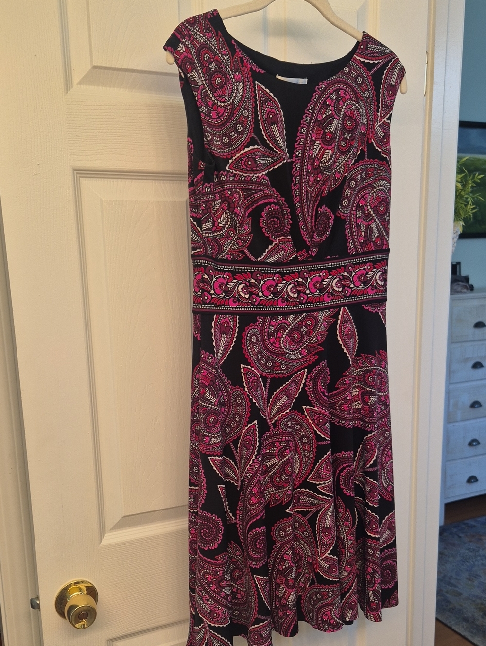Sleeveless Black Dress with Pink Paisley Print